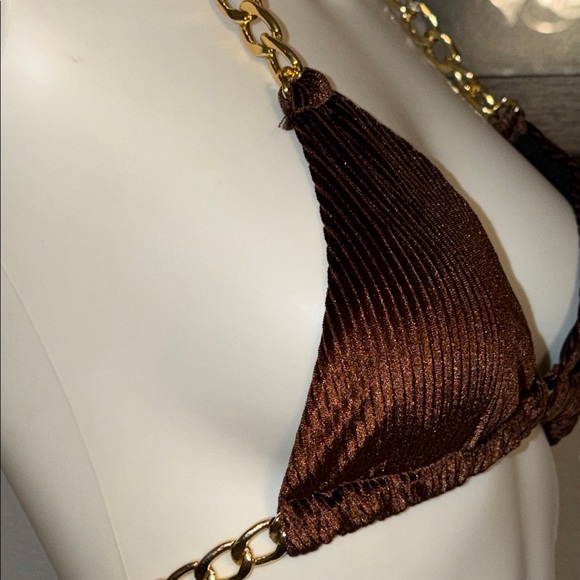 Brown Velvet Bikini Top with Gold Chain Straps - Picture 4 of 5